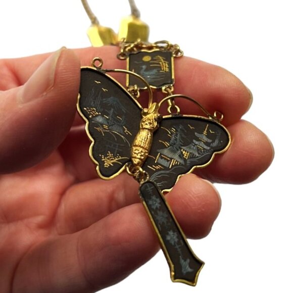 RARE Vtg Japanese Damascene Shakudo Panel Necklace/Bracelet/Screw-On Earrings - Picture 5 of 16